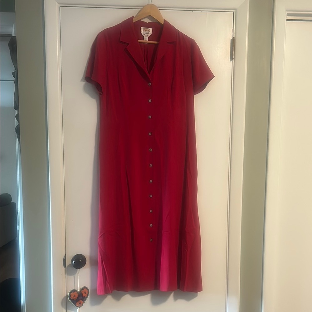 Talbots Red Buttoned Maxi Dress with Notched Collar